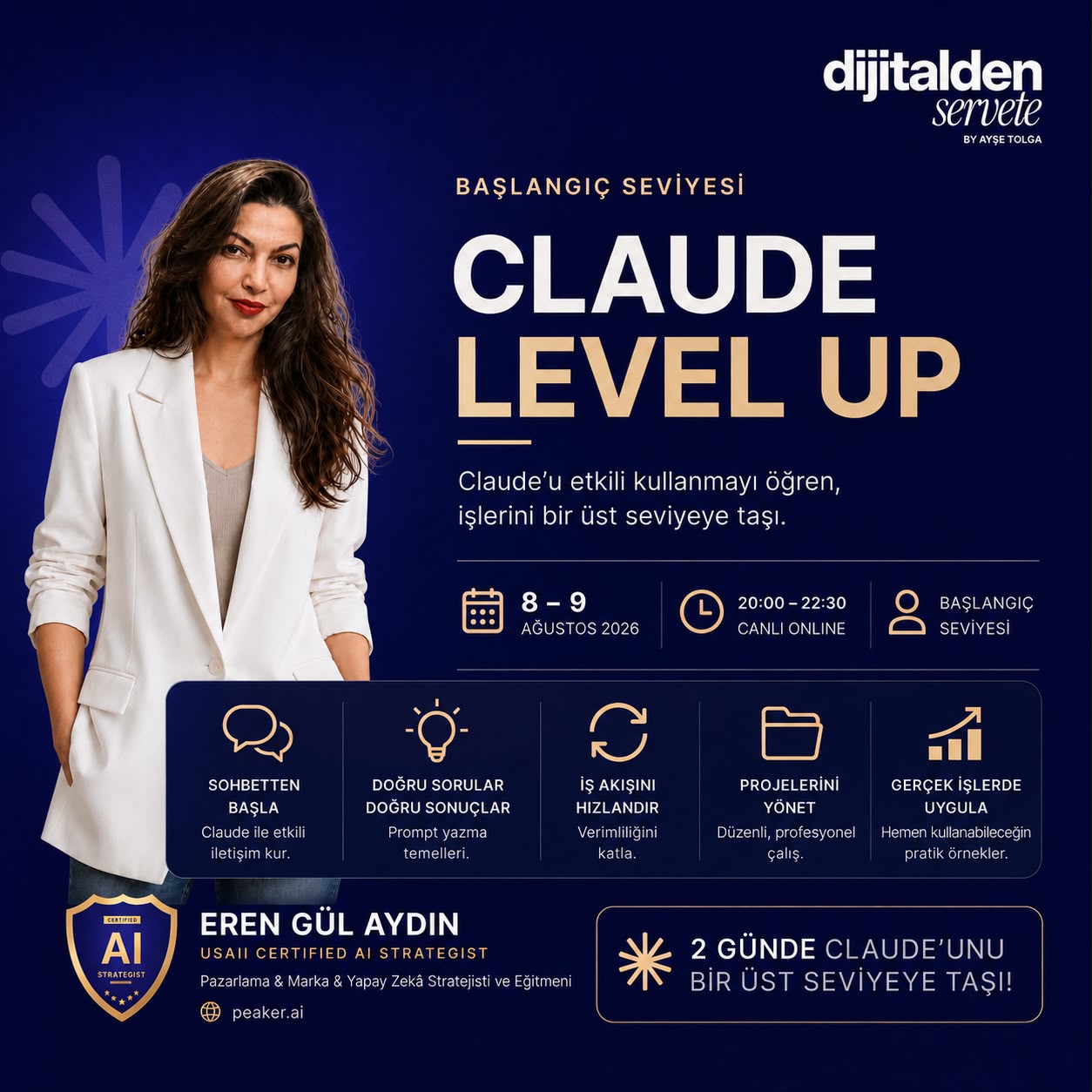 Eren Gül Aydın ile 8–9 Ağustos 2026 Claude Level Up canlı online eğitimi